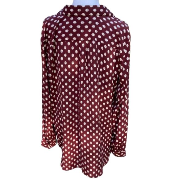 Ann Taylor LOFT Acorn Print Button Down Shirt Cranberry, Size Long Torso, Medium - Picture 2 of 14